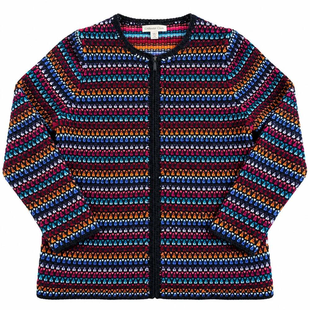 Coldwater Creek Cardigan 1X Multicolor Striped Knit Zip Front Cotton Blend